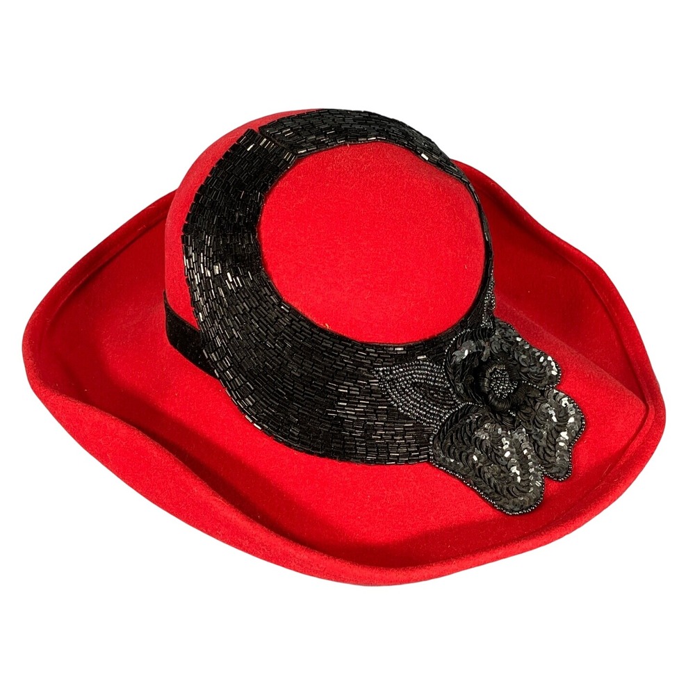 VTG MR. JOHN HAT Red Wool Felt BLACK BEADED/SEQUIN Dramatic CLOCHE WIDE BRIM